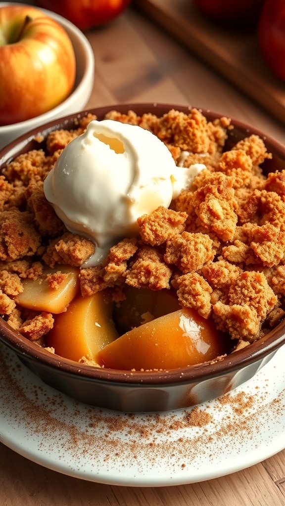 Classic Apple Crumble Recipe A delicious apple crumble dessert with a golden topping and spiced apples, served with ice cream.